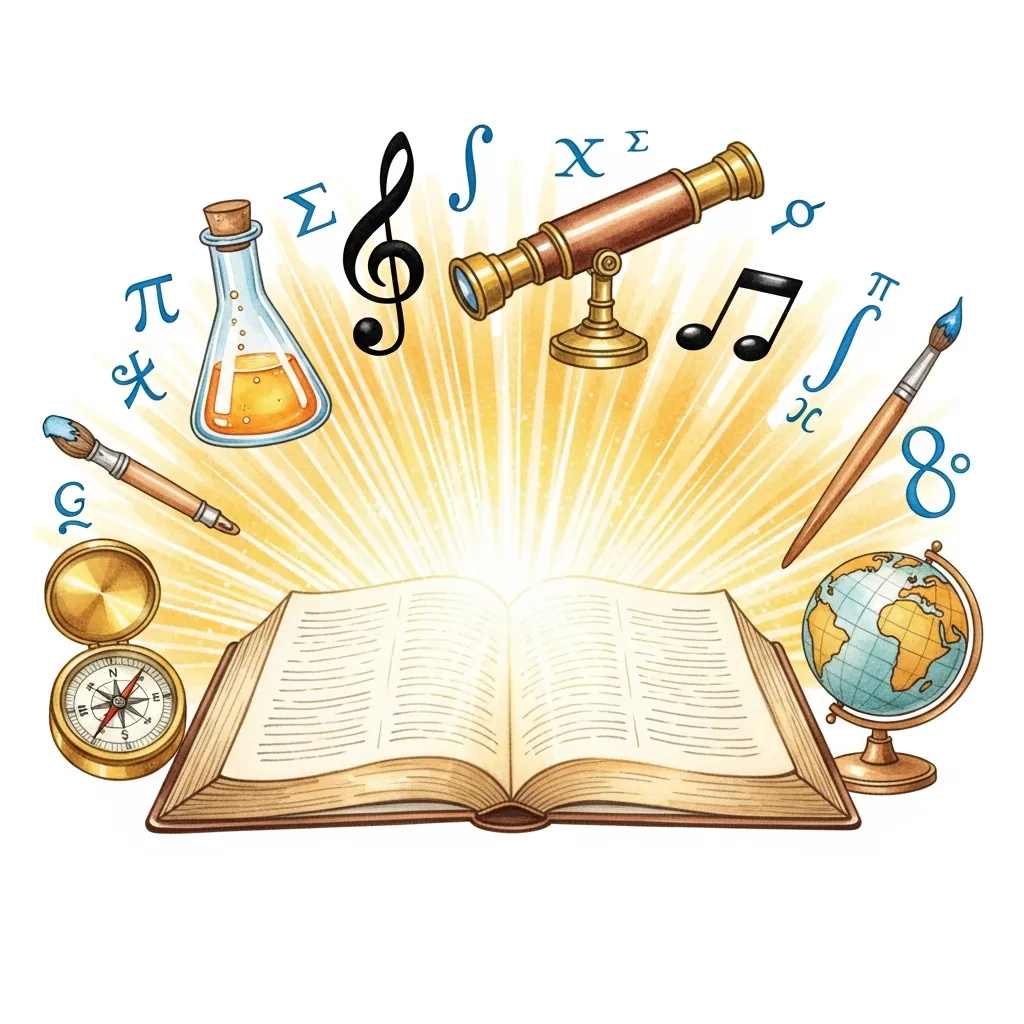 An open Bible radiating light surrounded by learning symbols